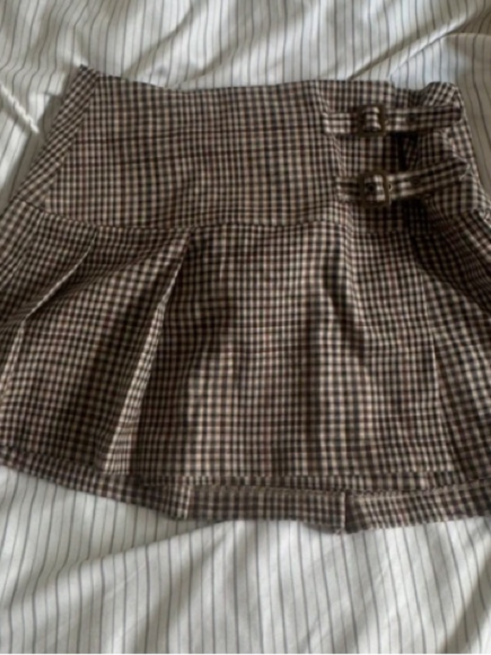 Stoosh Brown & Cream Gingham Pleated Mini Skirt with Side Buckles